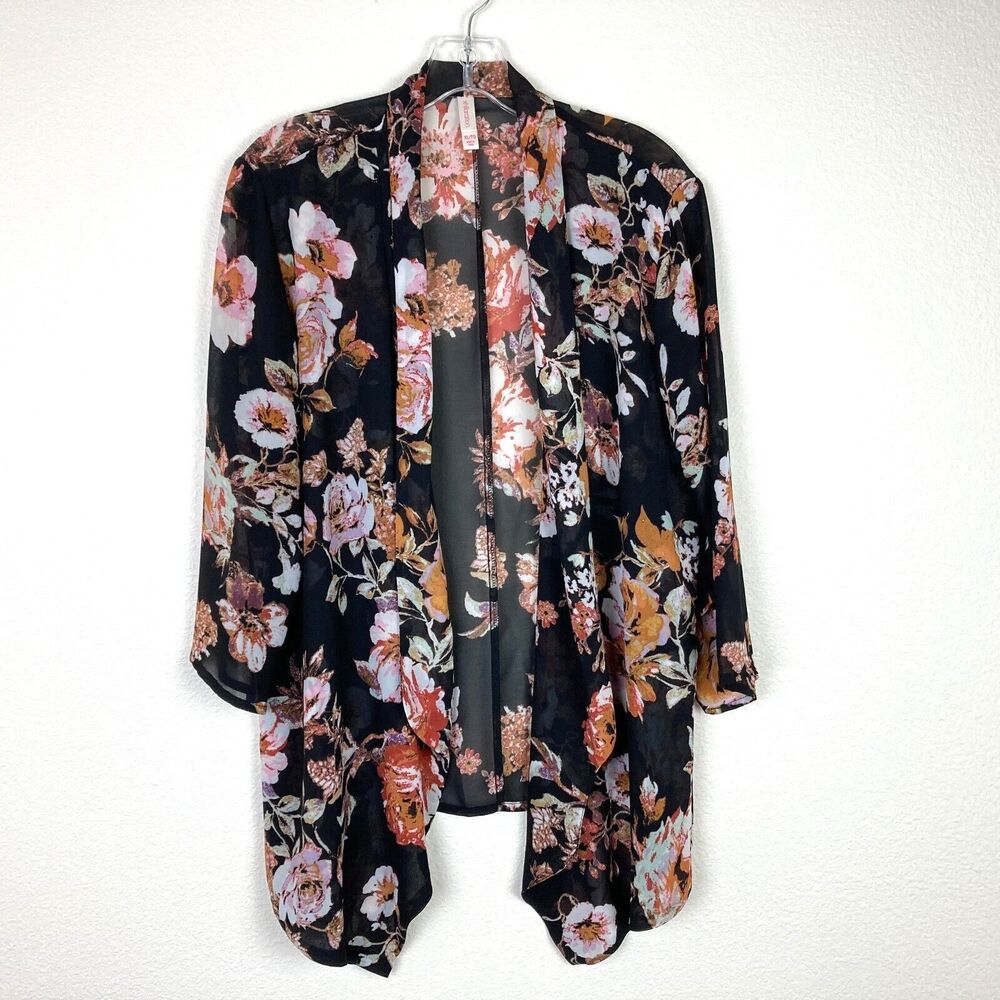 Xhilaration Open Jacket Coverup Size XL Black Floral 3/4 Sleeve Sheer